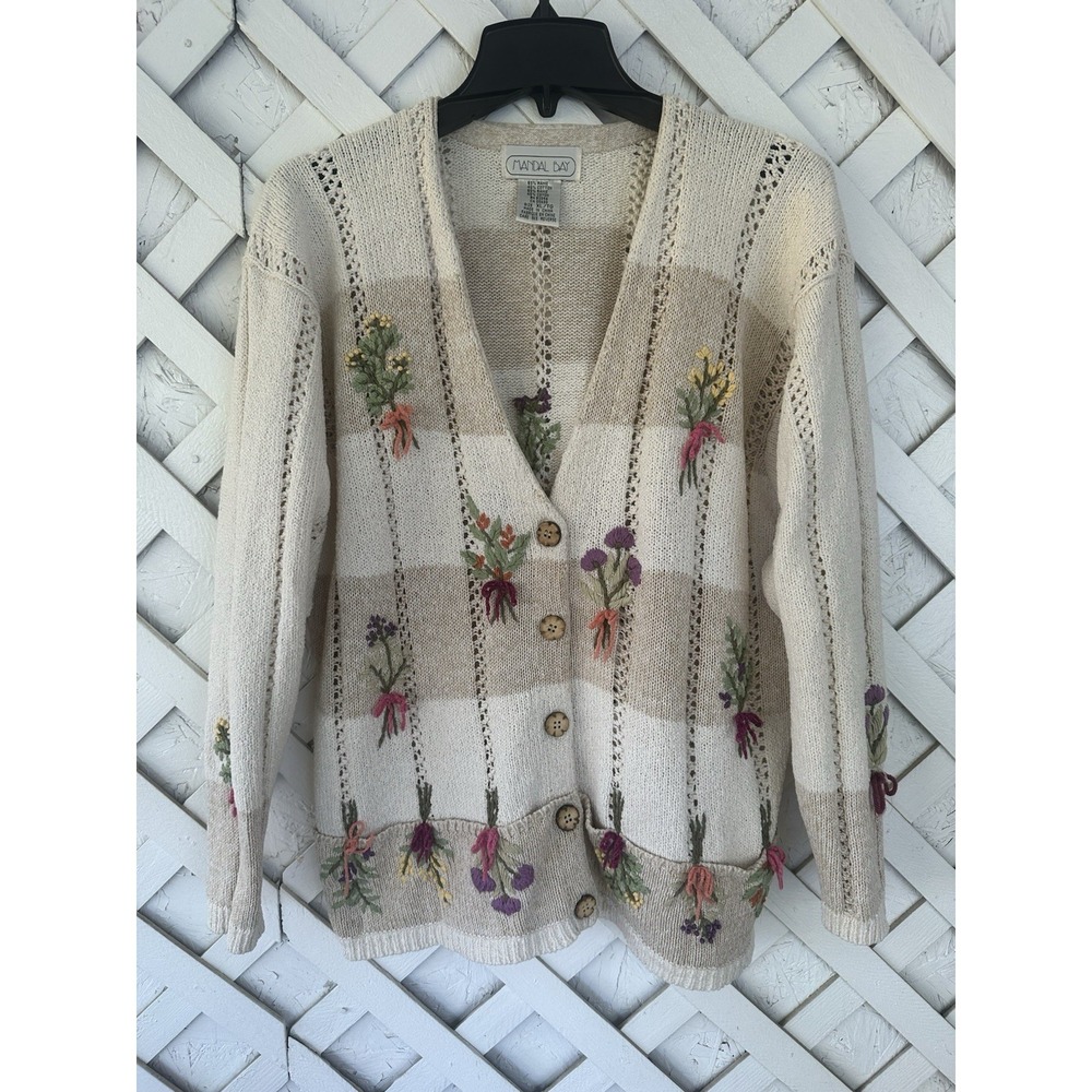 Vintage Mandal Bay Floral Embroidery Cardigan Sweater Granny/CottageCore Bows XL